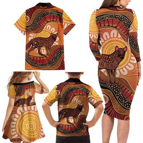 Indigenous Dingo Australia Family Matching Long Sleeve Bodycon Dress and Hawaiian Shirt Australian Aboriginal Art Proud
