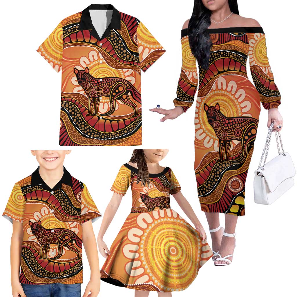 Indigenous Dingo Australia Family Matching Off The Shoulder Long Sleeve Dress and Hawaiian Shirt Australian Aboriginal Art Proud