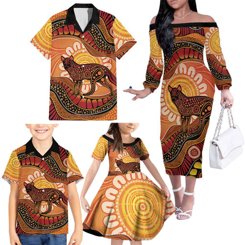 Indigenous Dingo Australia Family Matching Off The Shoulder Long Sleeve Dress and Hawaiian Shirt Australian Aboriginal Art Proud