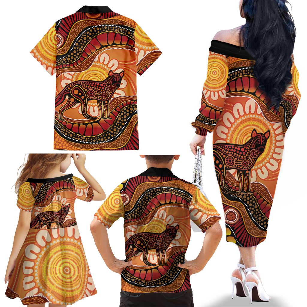 Indigenous Dingo Australia Family Matching Off The Shoulder Long Sleeve Dress and Hawaiian Shirt Australian Aboriginal Art Proud