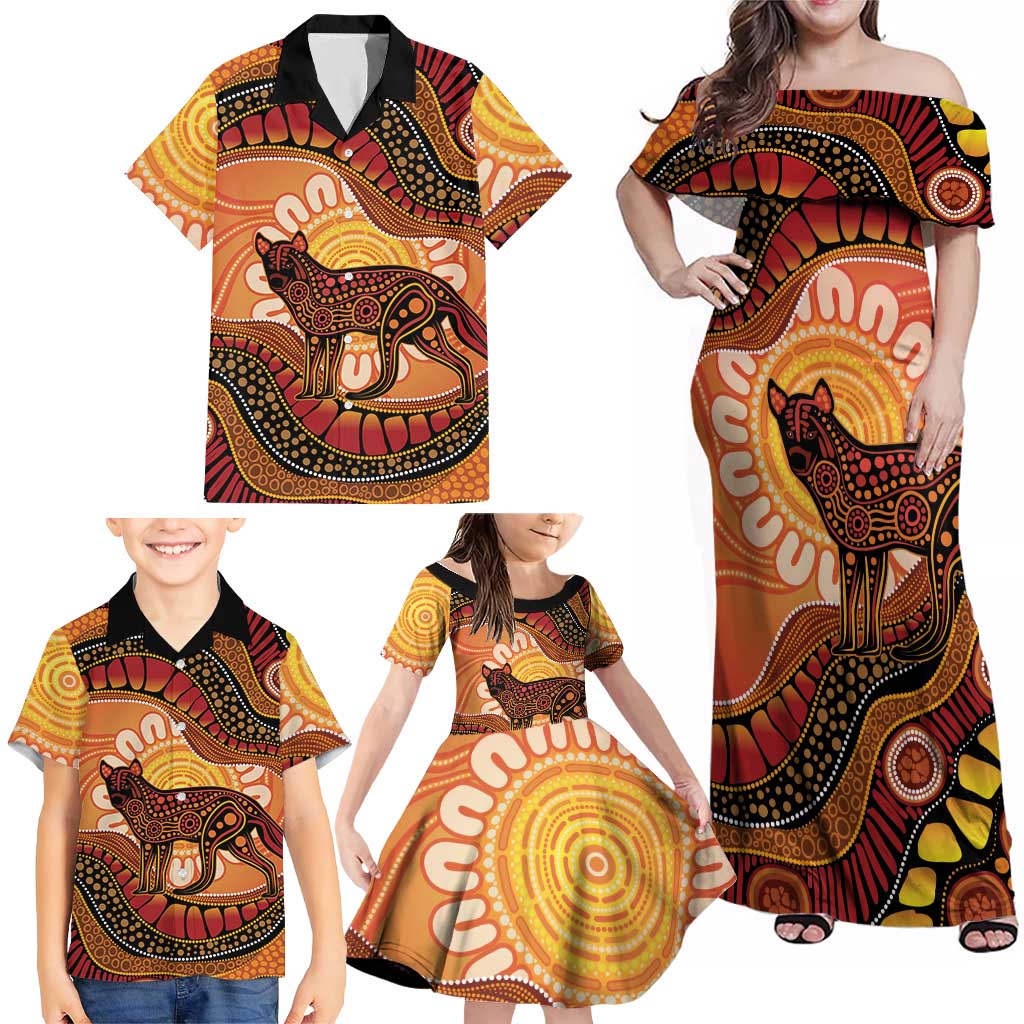 Indigenous Dingo Australia Family Matching Off Shoulder Maxi Dress and Hawaiian Shirt Australian Aboriginal Art Proud