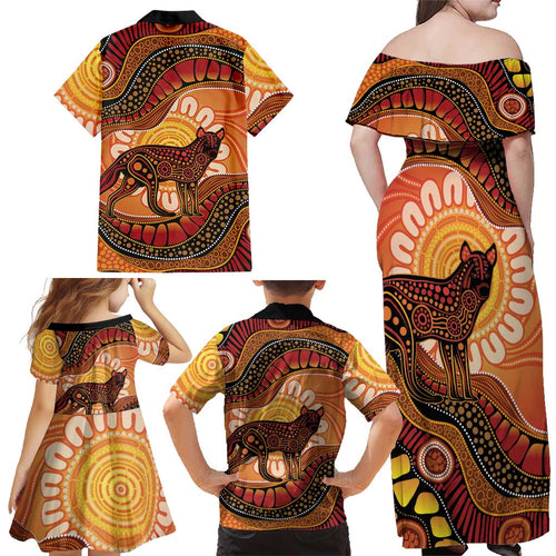 Indigenous Dingo Australia Family Matching Off Shoulder Maxi Dress and Hawaiian Shirt Australian Aboriginal Art Proud