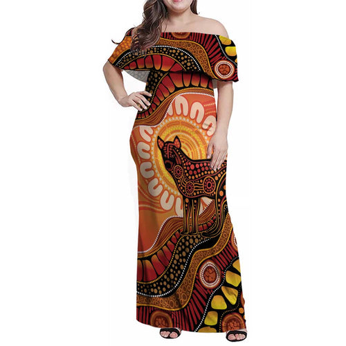 Indigenous Dingo Australia Family Matching Off Shoulder Maxi Dress and Hawaiian Shirt Australian Aboriginal Art Proud