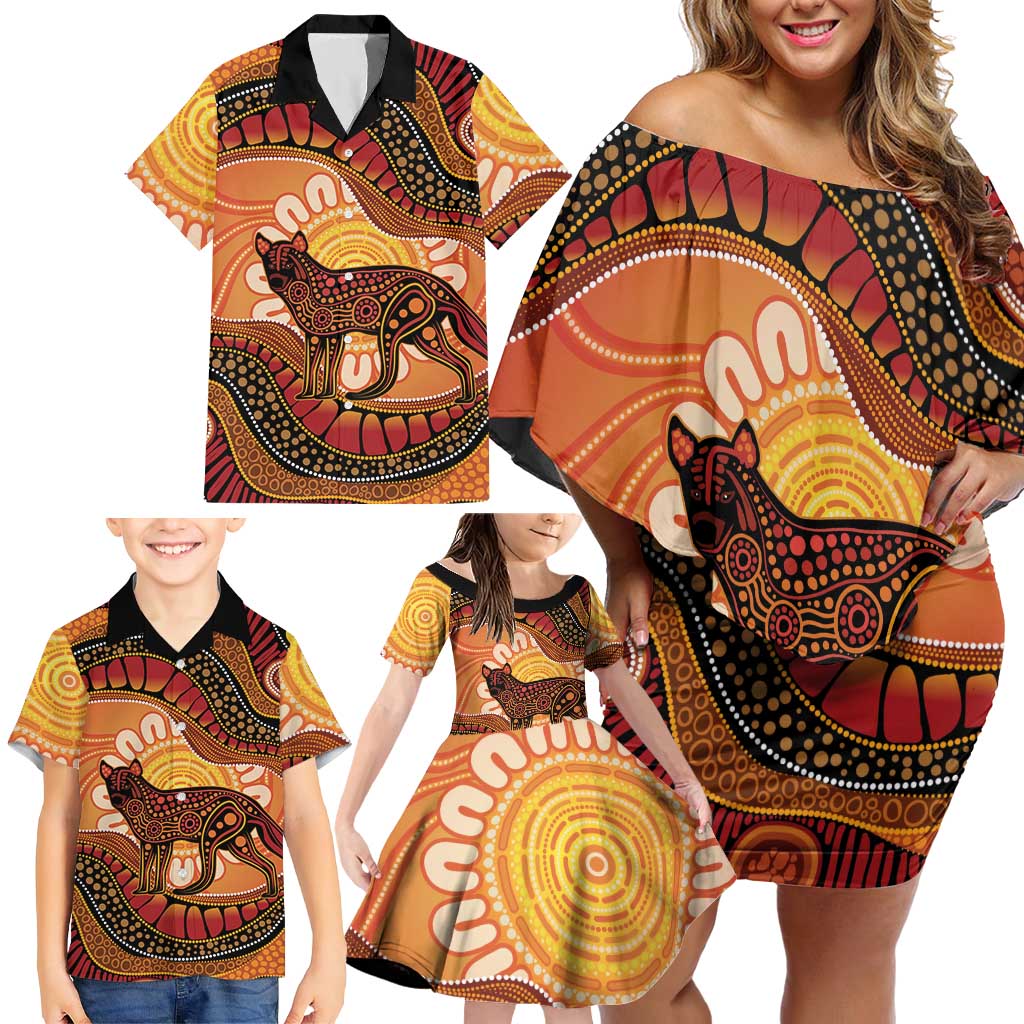 Indigenous Dingo Australia Family Matching Off Shoulder Short Dress and Hawaiian Shirt Australian Aboriginal Art Proud