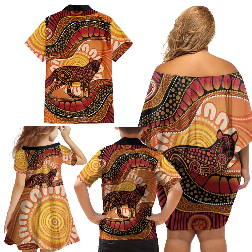 Indigenous Dingo Australia Family Matching Off Shoulder Short Dress and Hawaiian Shirt Australian Aboriginal Art Proud