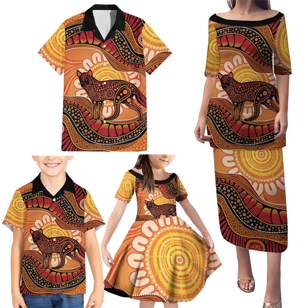 Indigenous Dingo Australia Family Matching Puletasi and Hawaiian Shirt Australian Aboriginal Art Proud