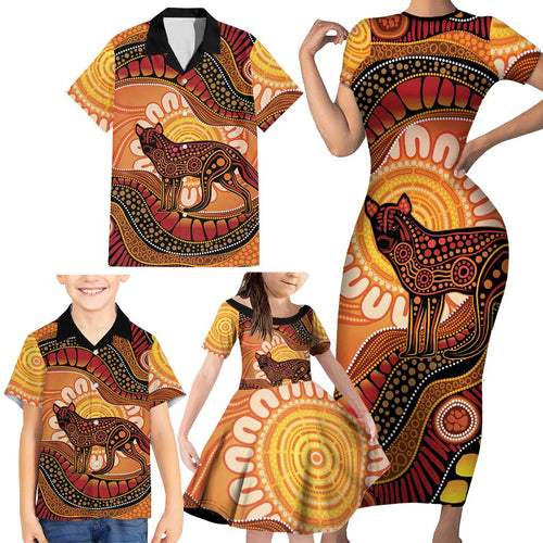 Indigenous Dingo Australia Family Matching Short Sleeve Bodycon Dress and Hawaiian Shirt Australian Aboriginal Art Proud