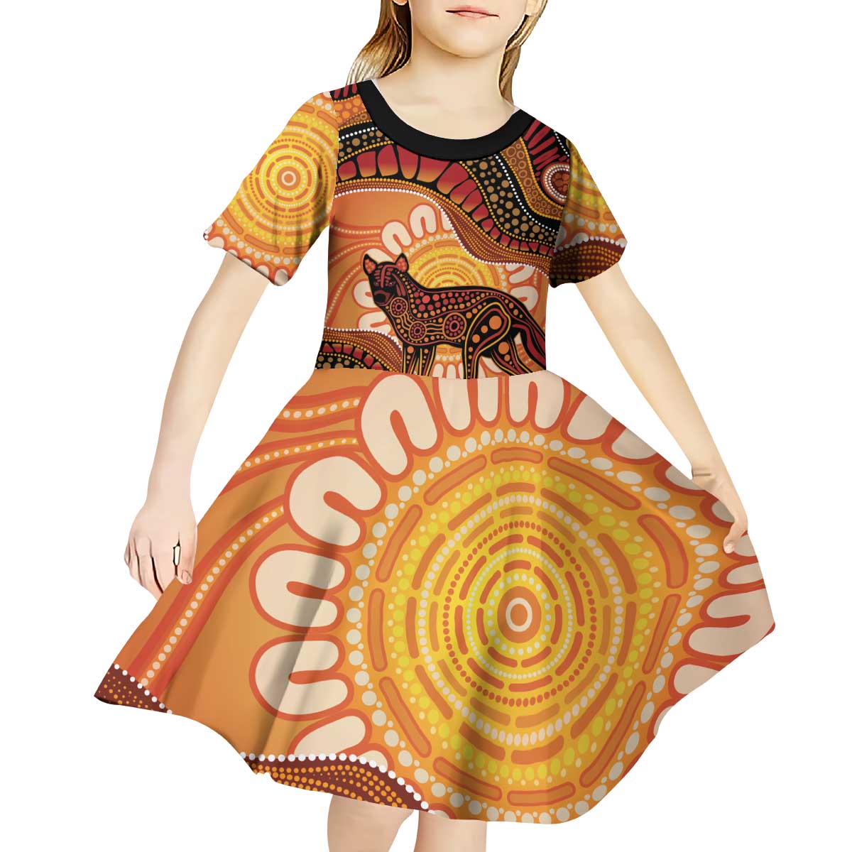 Indigenous Dingo Australia Kid Short Sleeve Dress Australian Aboriginal Art Proud