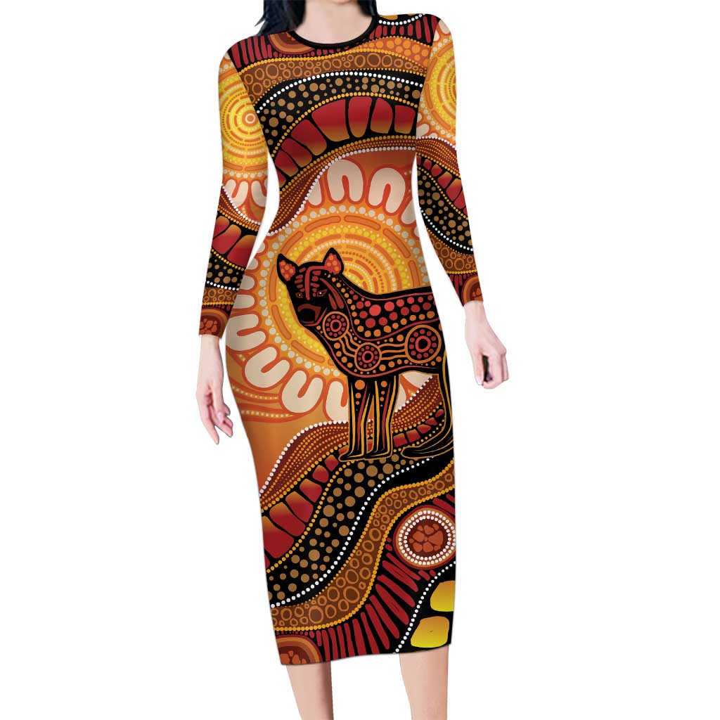 Indigenous Dingo Australia Long Sleeve Bodycon Dress Australian Aboriginal Art Proud