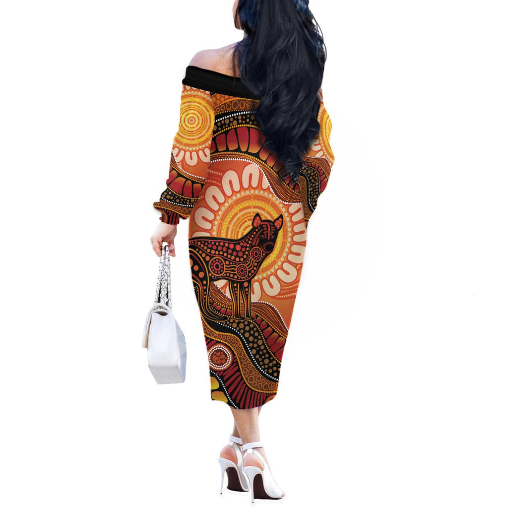 Indigenous Dingo Australia Off The Shoulder Long Sleeve Dress Australian Aboriginal Art Proud