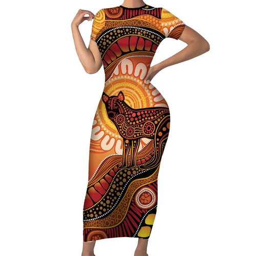 Indigenous Dingo Australia Short Sleeve Bodycon Dress Australian Aboriginal Art Proud