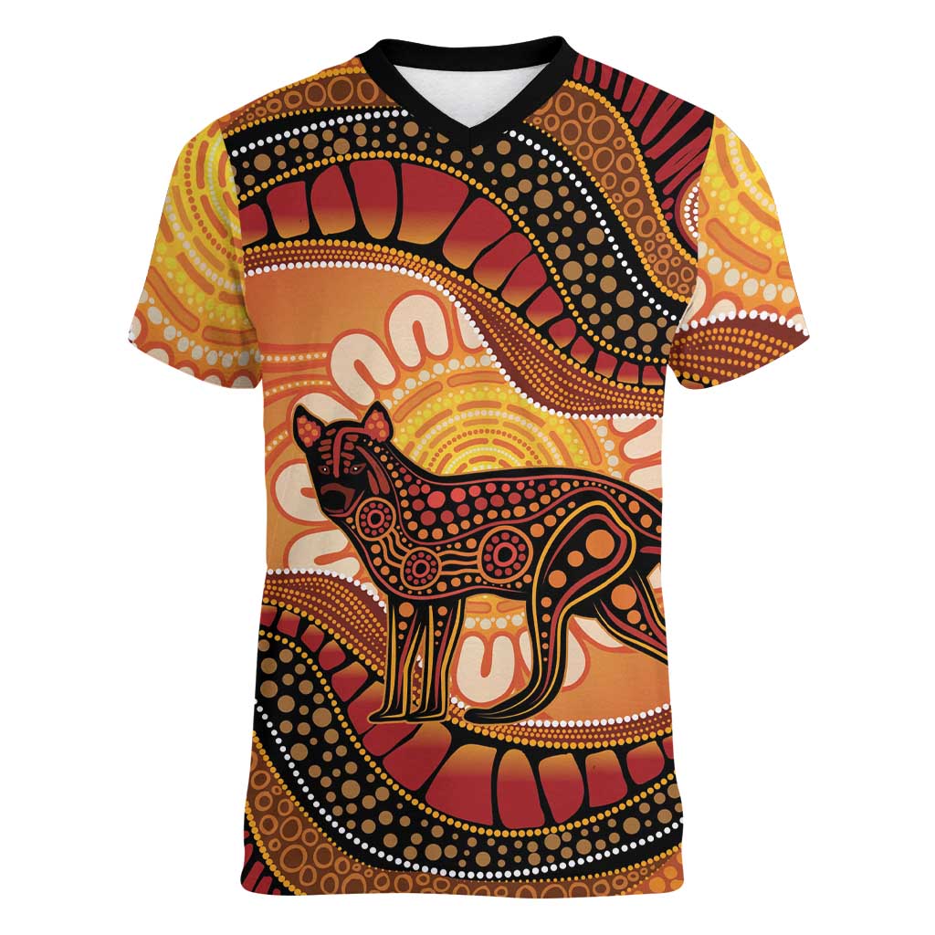 Indigenous Dingo Australia Women V-Neck T-Shirt Australian Aboriginal Art Proud