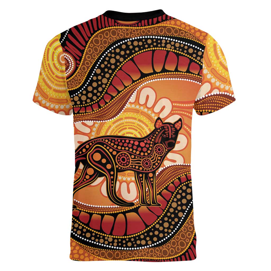 Indigenous Dingo Australia Women V-Neck T-Shirt Australian Aboriginal Art Proud