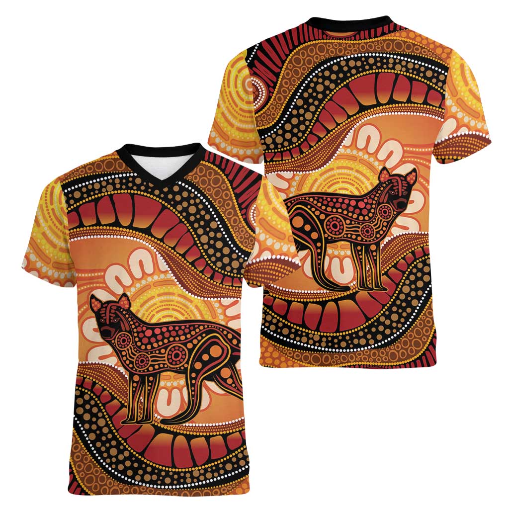 Indigenous Dingo Australia Women V-Neck T-Shirt Australian Aboriginal Art Proud