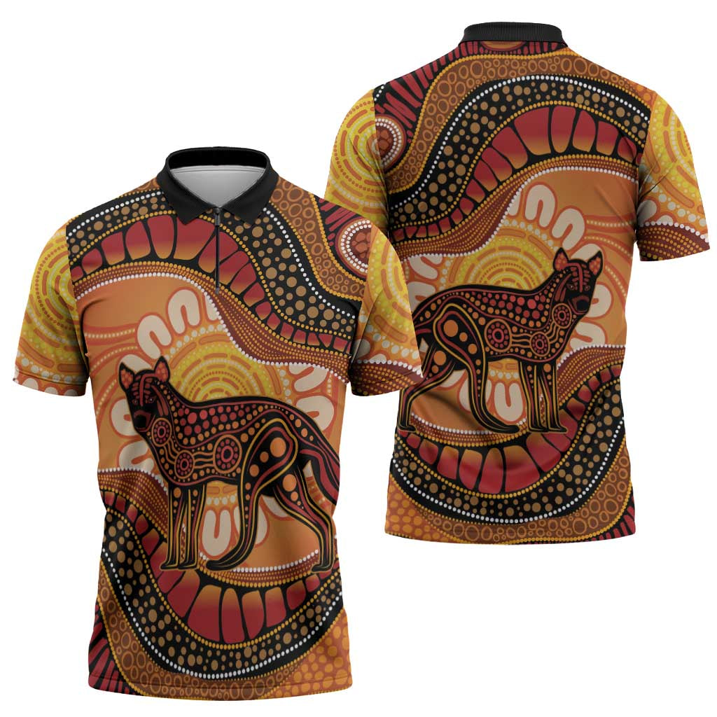 Indigenous Dingo Australia Zipper Polo Shirt Australian Aboriginal Art Proud