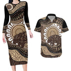 Indigenous Echidna Australia Couples Matching Long Sleeve Bodycon Dress and Hawaiian Shirt Australian Aboriginal Art Proud