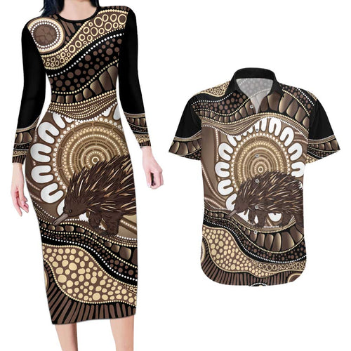 Indigenous Echidna Australia Couples Matching Long Sleeve Bodycon Dress and Hawaiian Shirt Australian Aboriginal Art Proud