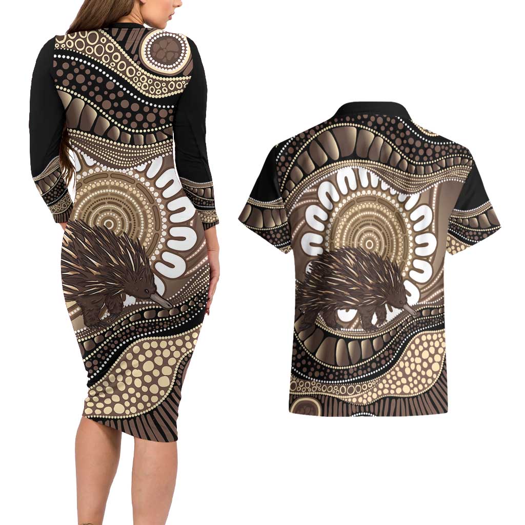 Indigenous Echidna Australia Couples Matching Long Sleeve Bodycon Dress and Hawaiian Shirt Australian Aboriginal Art Proud