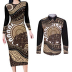 Indigenous Echidna Australia Couples Matching Long Sleeve Bodycon Dress and Long Sleeve Button Shirt Australian Aboriginal Art Proud