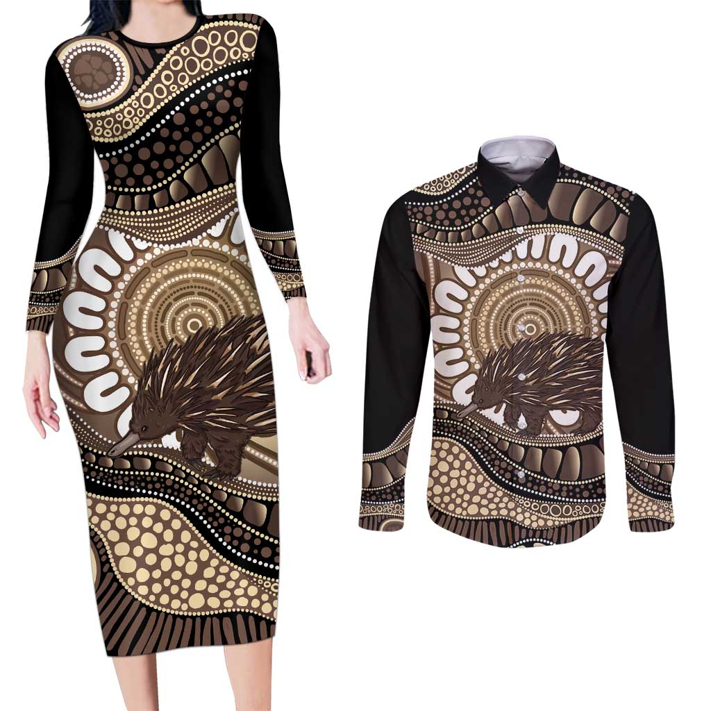 Indigenous Echidna Australia Couples Matching Long Sleeve Bodycon Dress and Long Sleeve Button Shirt Australian Aboriginal Art Proud