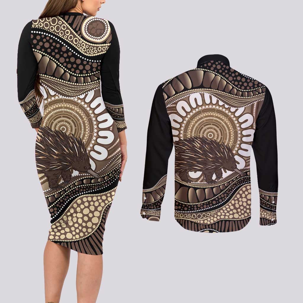 Indigenous Echidna Australia Couples Matching Long Sleeve Bodycon Dress and Long Sleeve Button Shirt Australian Aboriginal Art Proud