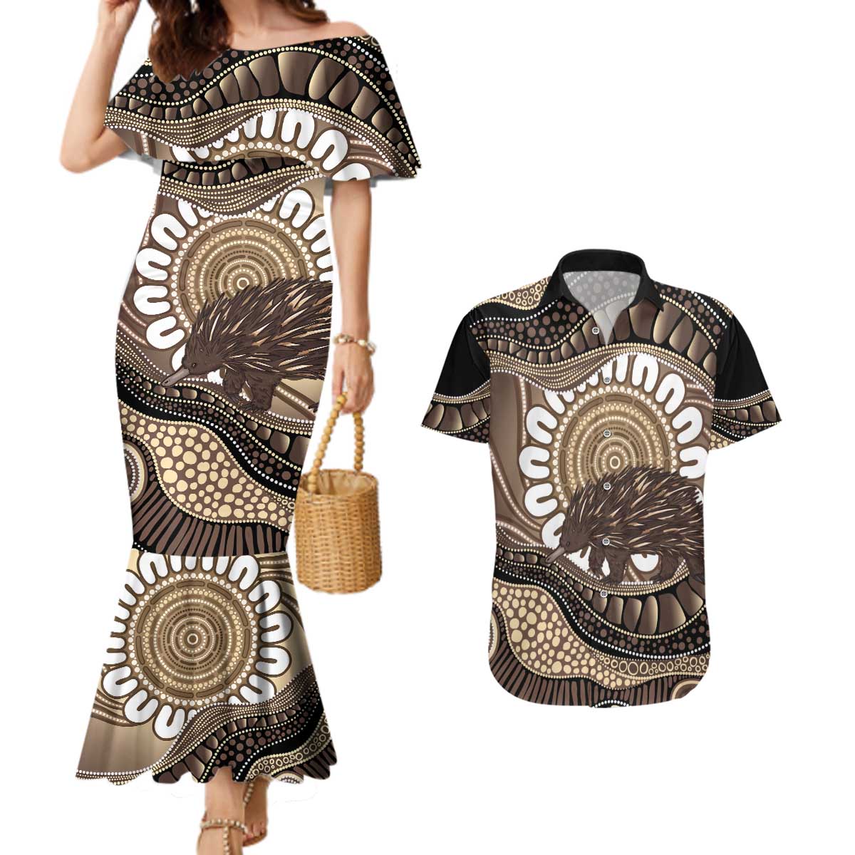 Indigenous Echidna Australia Couples Matching Mermaid Dress and Hawaiian Shirt Australian Aboriginal Art Proud