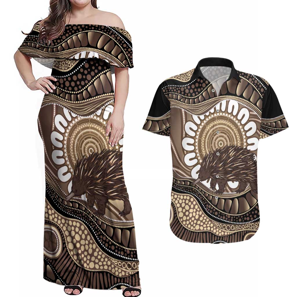 Indigenous Echidna Australia Couples Matching Off Shoulder Maxi Dress and Hawaiian Shirt Australian Aboriginal Art Proud