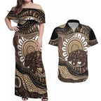 Indigenous Echidna Australia Couples Matching Off Shoulder Maxi Dress and Hawaiian Shirt Australian Aboriginal Art Proud
