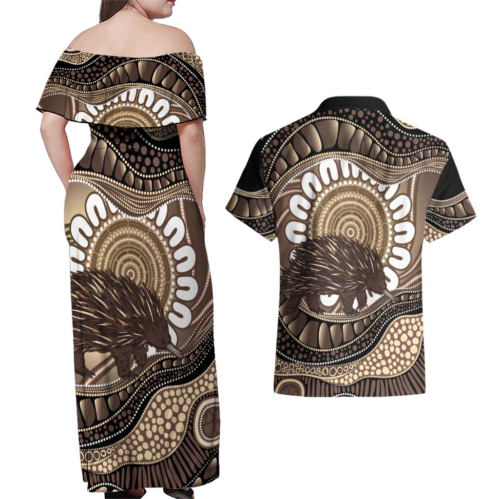 Indigenous Echidna Australia Couples Matching Off Shoulder Maxi Dress and Hawaiian Shirt Australian Aboriginal Art Proud