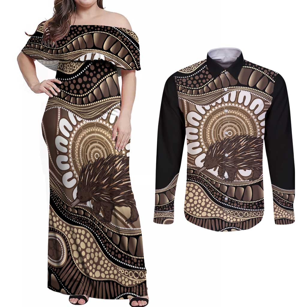 Indigenous Echidna Australia Couples Matching Off Shoulder Maxi Dress and Long Sleeve Button Shirt Australian Aboriginal Art Proud