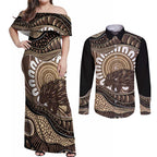 Indigenous Echidna Australia Couples Matching Off Shoulder Maxi Dress and Long Sleeve Button Shirt Australian Aboriginal Art Proud