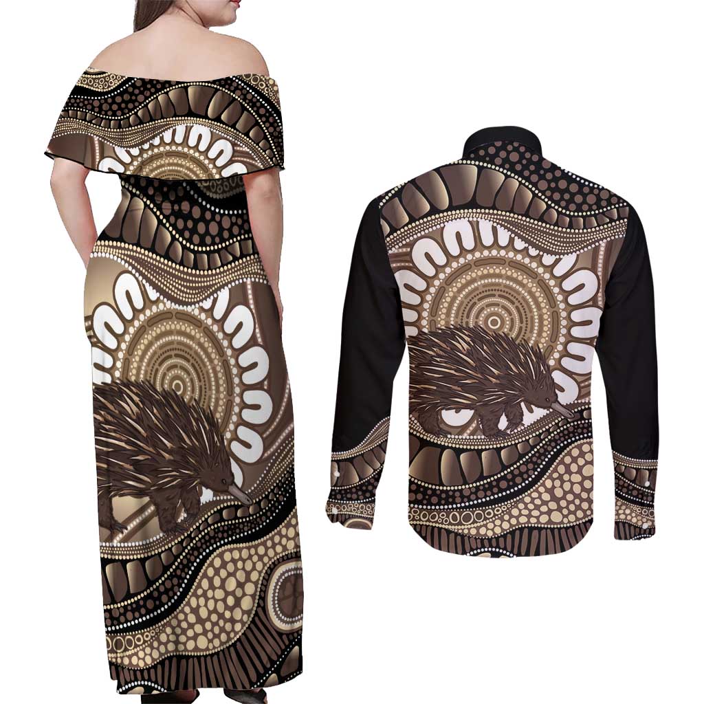 Indigenous Echidna Australia Couples Matching Off Shoulder Maxi Dress and Long Sleeve Button Shirt Australian Aboriginal Art Proud