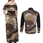 Indigenous Echidna Australia Couples Matching Off Shoulder Maxi Dress and Long Sleeve Button Shirt Australian Aboriginal Art Proud