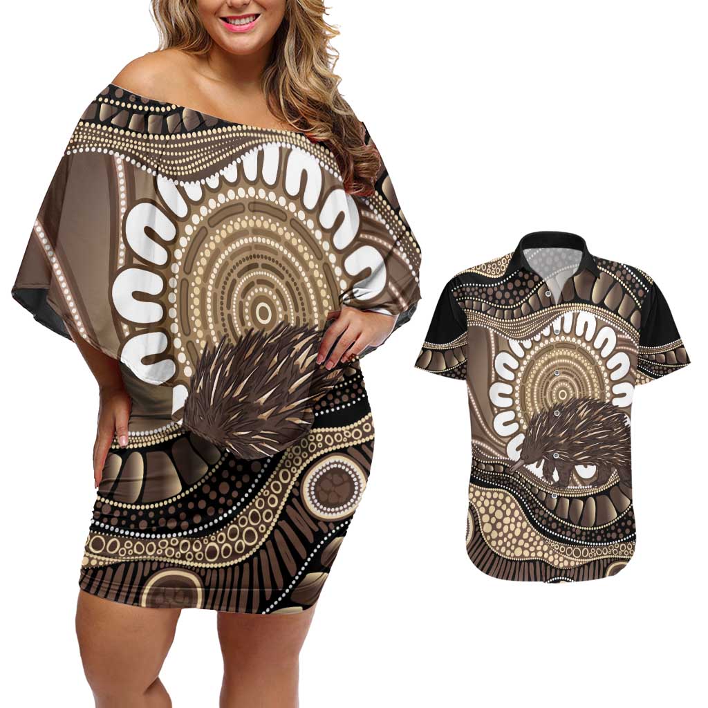 Indigenous Echidna Australia Couples Matching Off Shoulder Short Dress and Hawaiian Shirt Australian Aboriginal Art Proud