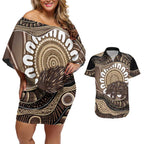 Indigenous Echidna Australia Couples Matching Off Shoulder Short Dress and Hawaiian Shirt Australian Aboriginal Art Proud