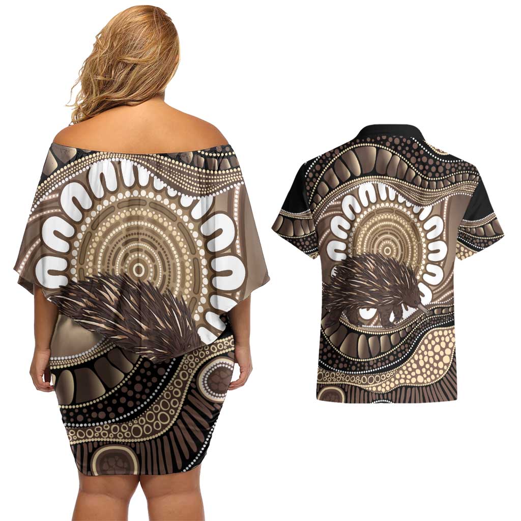 Indigenous Echidna Australia Couples Matching Off Shoulder Short Dress and Hawaiian Shirt Australian Aboriginal Art Proud