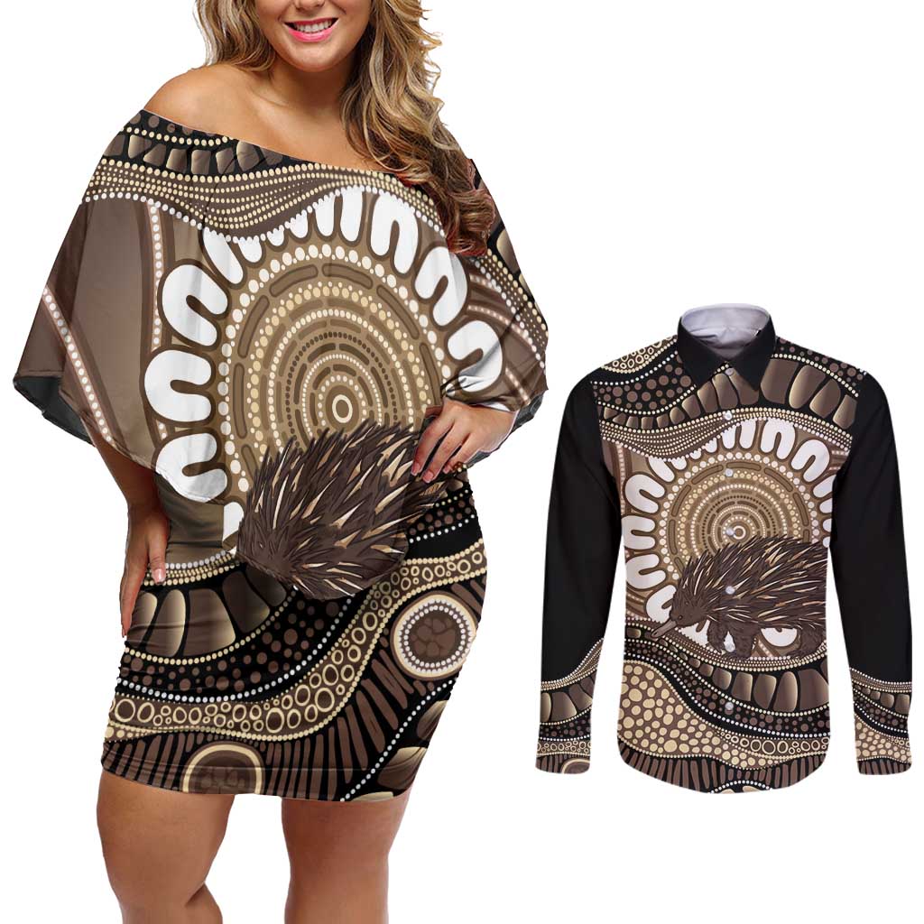 Indigenous Echidna Australia Couples Matching Off Shoulder Short Dress and Long Sleeve Button Shirt Australian Aboriginal Art Proud