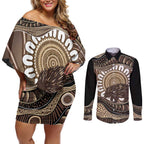 Indigenous Echidna Australia Couples Matching Off Shoulder Short Dress and Long Sleeve Button Shirt Australian Aboriginal Art Proud