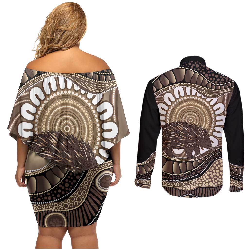 Indigenous Echidna Australia Couples Matching Off Shoulder Short Dress and Long Sleeve Button Shirt Australian Aboriginal Art Proud