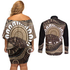 Indigenous Echidna Australia Couples Matching Off Shoulder Short Dress and Long Sleeve Button Shirt Australian Aboriginal Art Proud