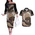 Indigenous Echidna Australia Couples Matching Off The Shoulder Long Sleeve Dress and Hawaiian Shirt Australian Aboriginal Art Proud