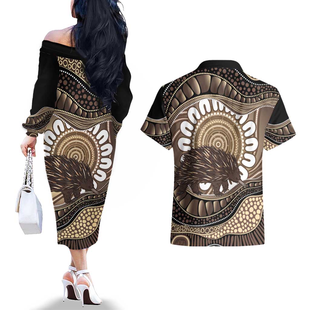 Indigenous Echidna Australia Couples Matching Off The Shoulder Long Sleeve Dress and Hawaiian Shirt Australian Aboriginal Art Proud