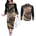 Indigenous Echidna Australia Couples Matching Off The Shoulder Long Sleeve Dress and Long Sleeve Button Shirt Australian Aboriginal Art Proud