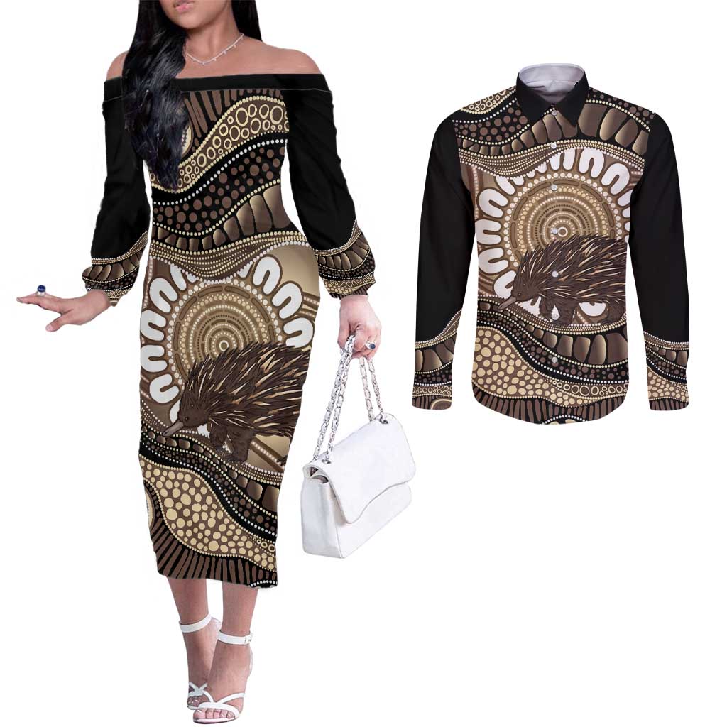 Indigenous Echidna Australia Couples Matching Off The Shoulder Long Sleeve Dress and Long Sleeve Button Shirt Australian Aboriginal Art Proud