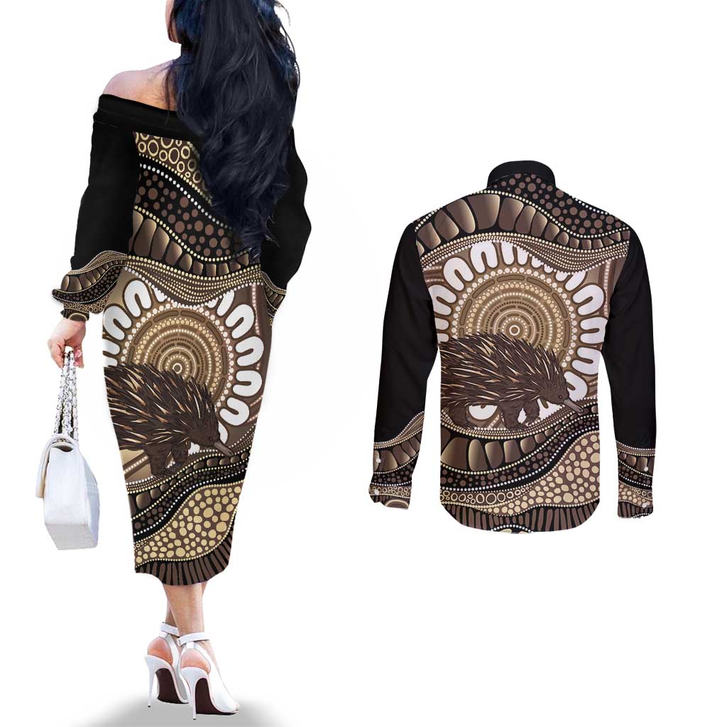 Indigenous Echidna Australia Couples Matching Off The Shoulder Long Sleeve Dress and Long Sleeve Button Shirt Australian Aboriginal Art Proud