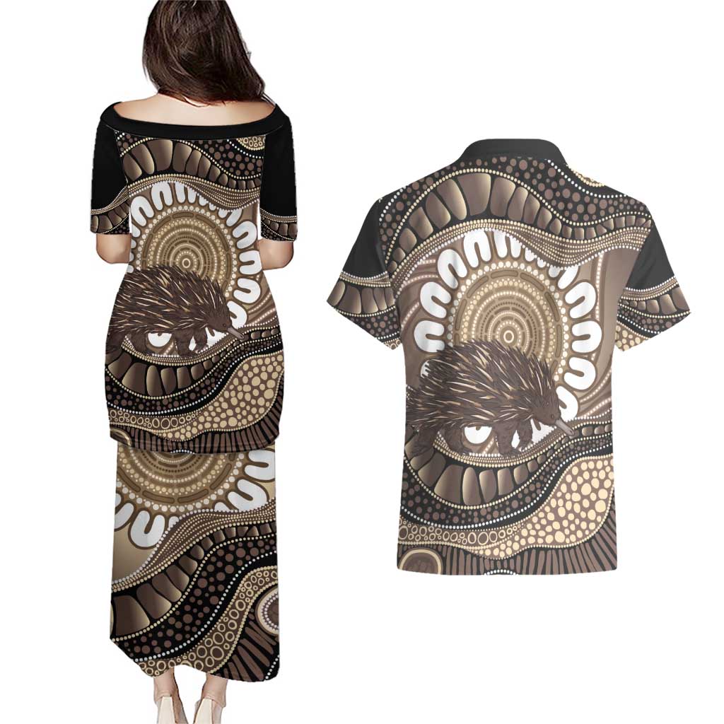 Indigenous Echidna Australia Couples Matching Puletasi and Hawaiian Shirt Australian Aboriginal Art Proud