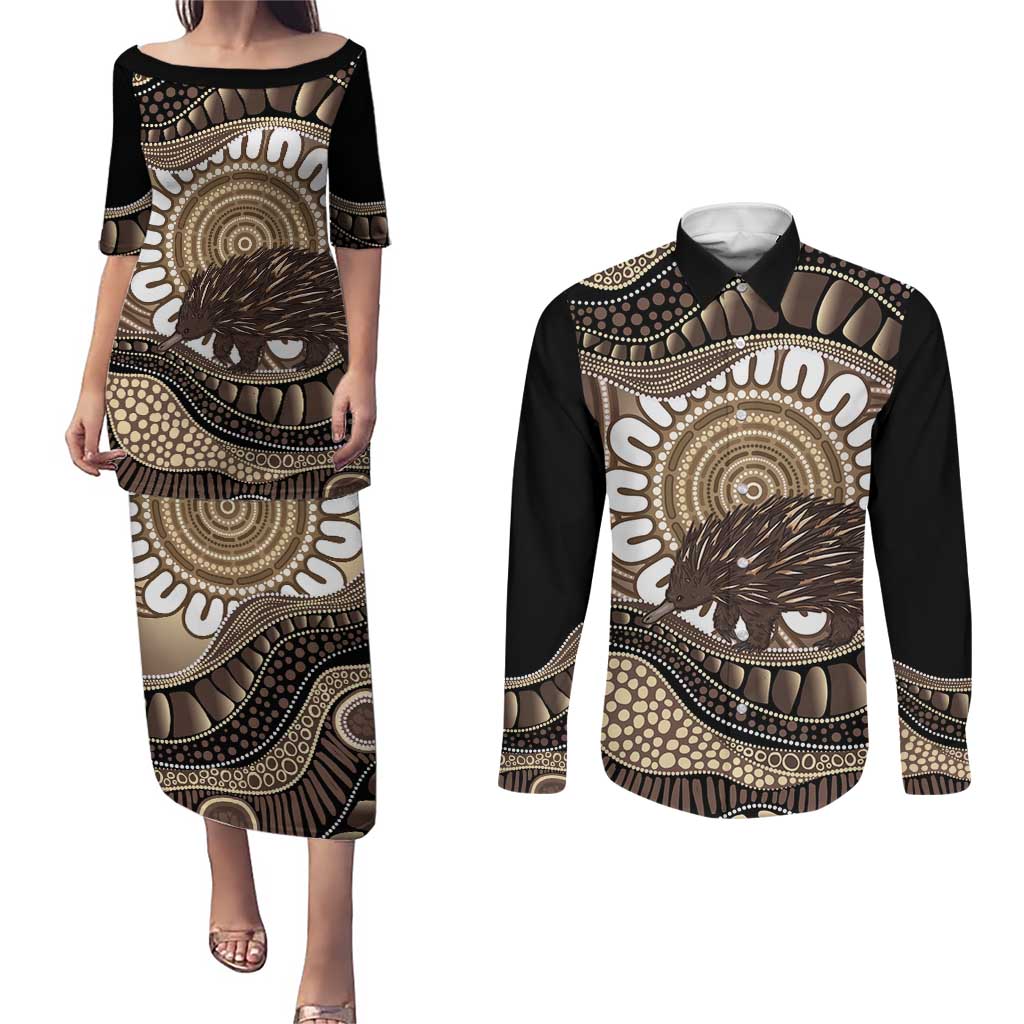 Indigenous Echidna Australia Couples Matching Puletasi and Long Sleeve Button Shirt Australian Aboriginal Art Proud