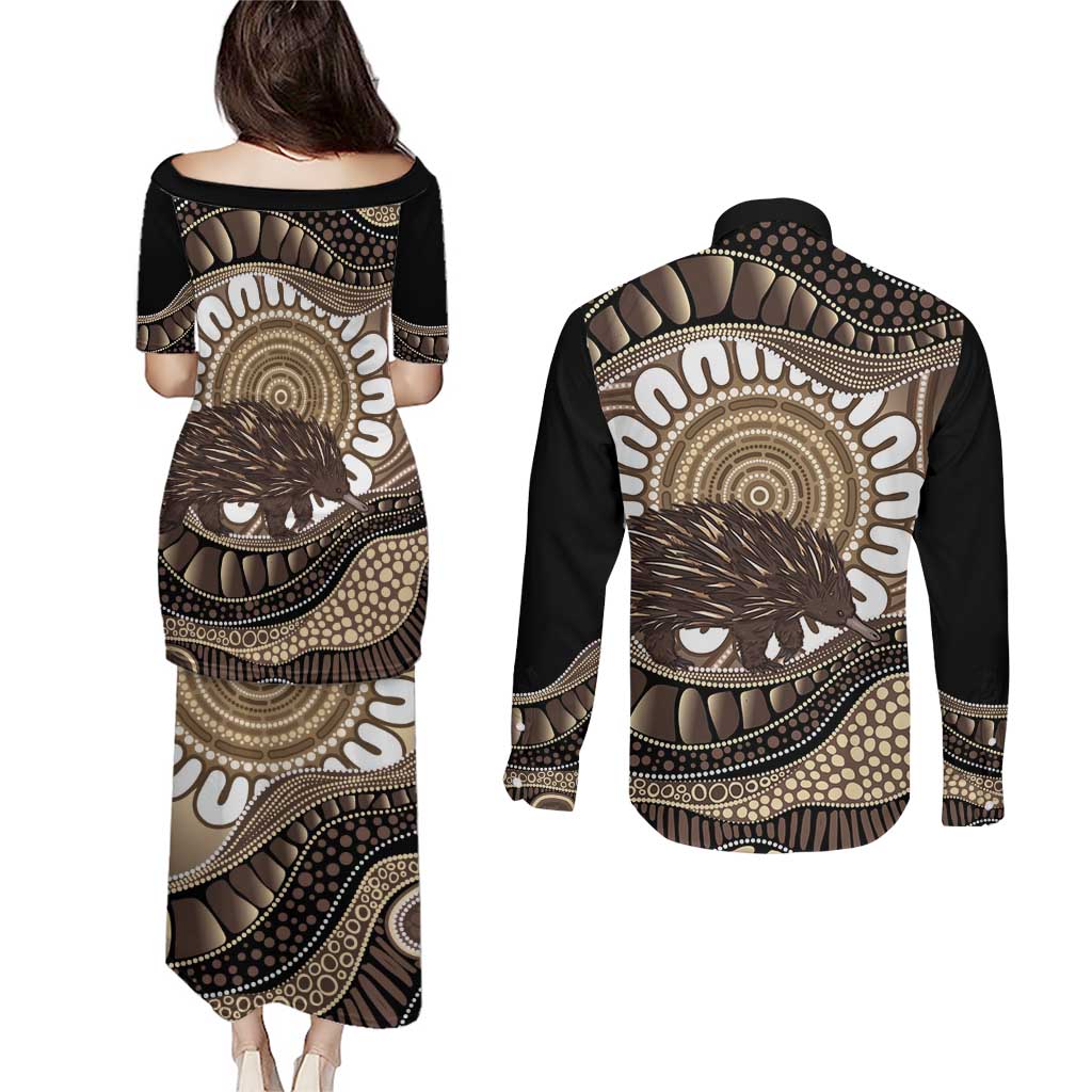 Indigenous Echidna Australia Couples Matching Puletasi and Long Sleeve Button Shirt Australian Aboriginal Art Proud