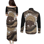 Indigenous Echidna Australia Couples Matching Puletasi and Long Sleeve Button Shirt Australian Aboriginal Art Proud