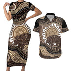 Indigenous Echidna Australia Couples Matching Short Sleeve Bodycon Dress and Hawaiian Shirt Australian Aboriginal Art Proud